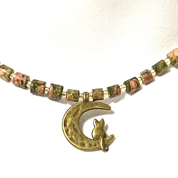 Unakite Stone Bronze Cat on the Moon Necklace, Genuine Gemstone Beaded Necklace - Picture 3 of 9